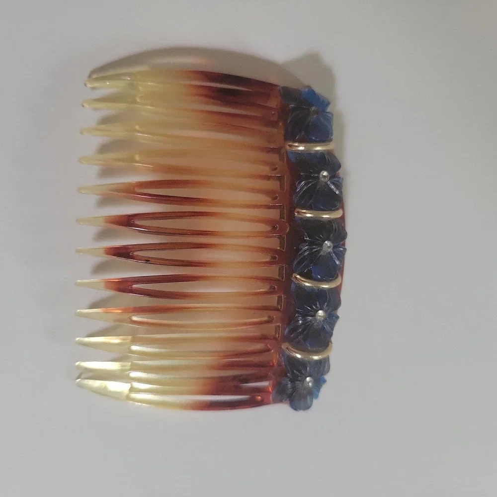 Vintage Italy Tortoise Resin Hair Comb Blue Floral Accents‎ One Size Cottagecore